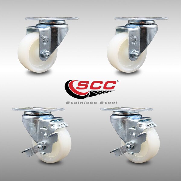 3 Inch SS Nylon Wheel Swivel Top Plate Caster Set with 2 Brakes